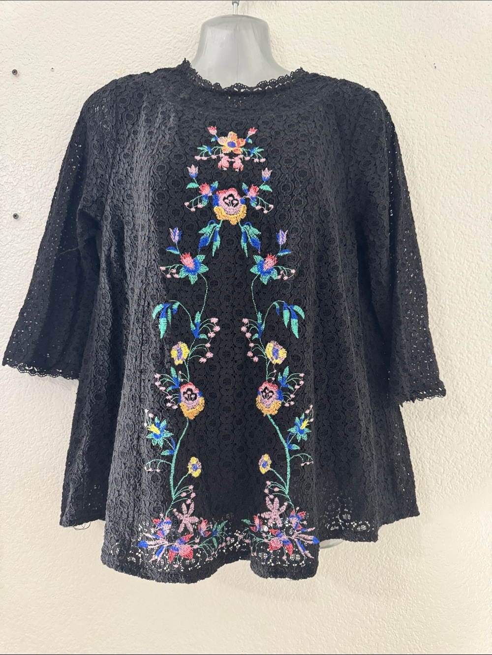 Umgee Black Lace Tunic with Multicolor Floral Embroidery